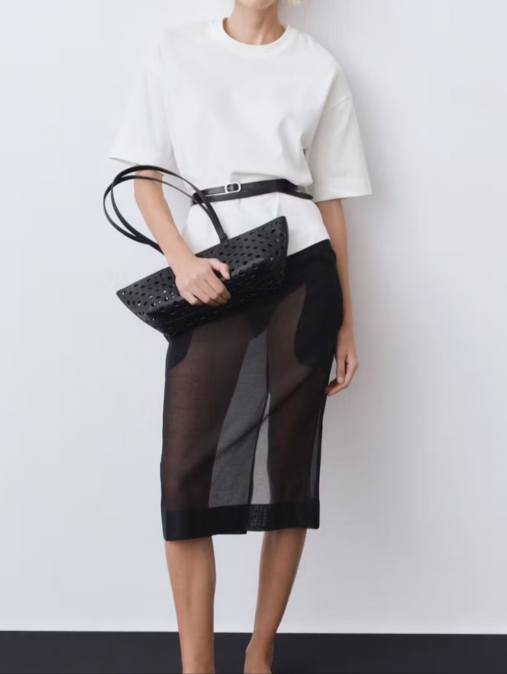 Black Sheer Cotton & Silk Panel Midi Skirt